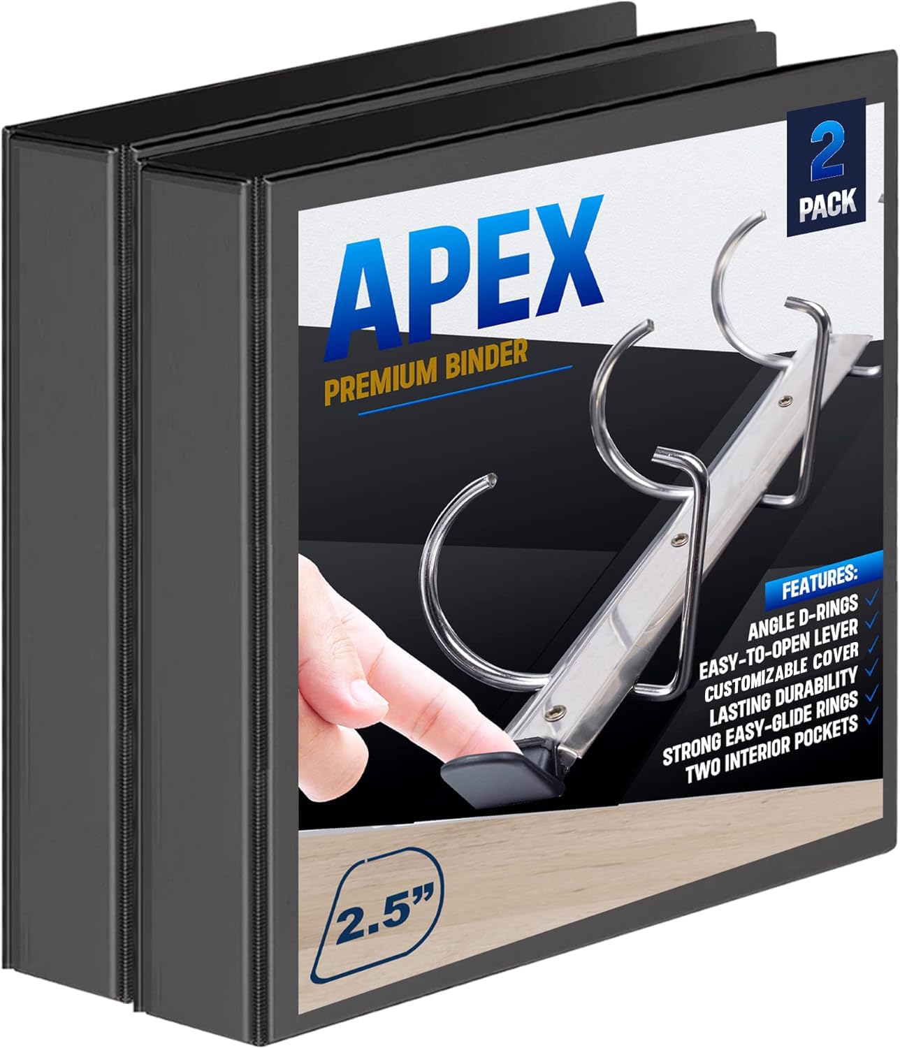 2 Pack of 2.5” Smooth Opening Angle D-Ring View Black Binders, Professional Presentation Folder for Standard Pages with Inside Pockets, and Customizable Clear View Binder PVC-Free