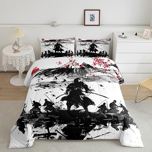 Miniatura 18 de Feelyou - Juego de edredón de olas japonesas tamaño queen para niños, flores de cerezo, edredón para niños, niñas y adolescentes, decoración de Azul