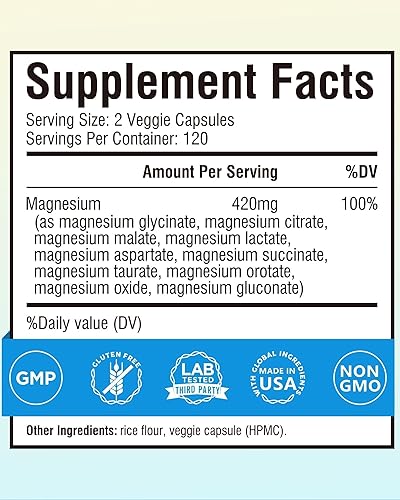 Miniatura 2 de Terranics Suplemento complejo de magnesio 420 mg, fórmula de espectro completo 10 en 1, glicinato, citrato, malato y más, absorción máxima, apoyo