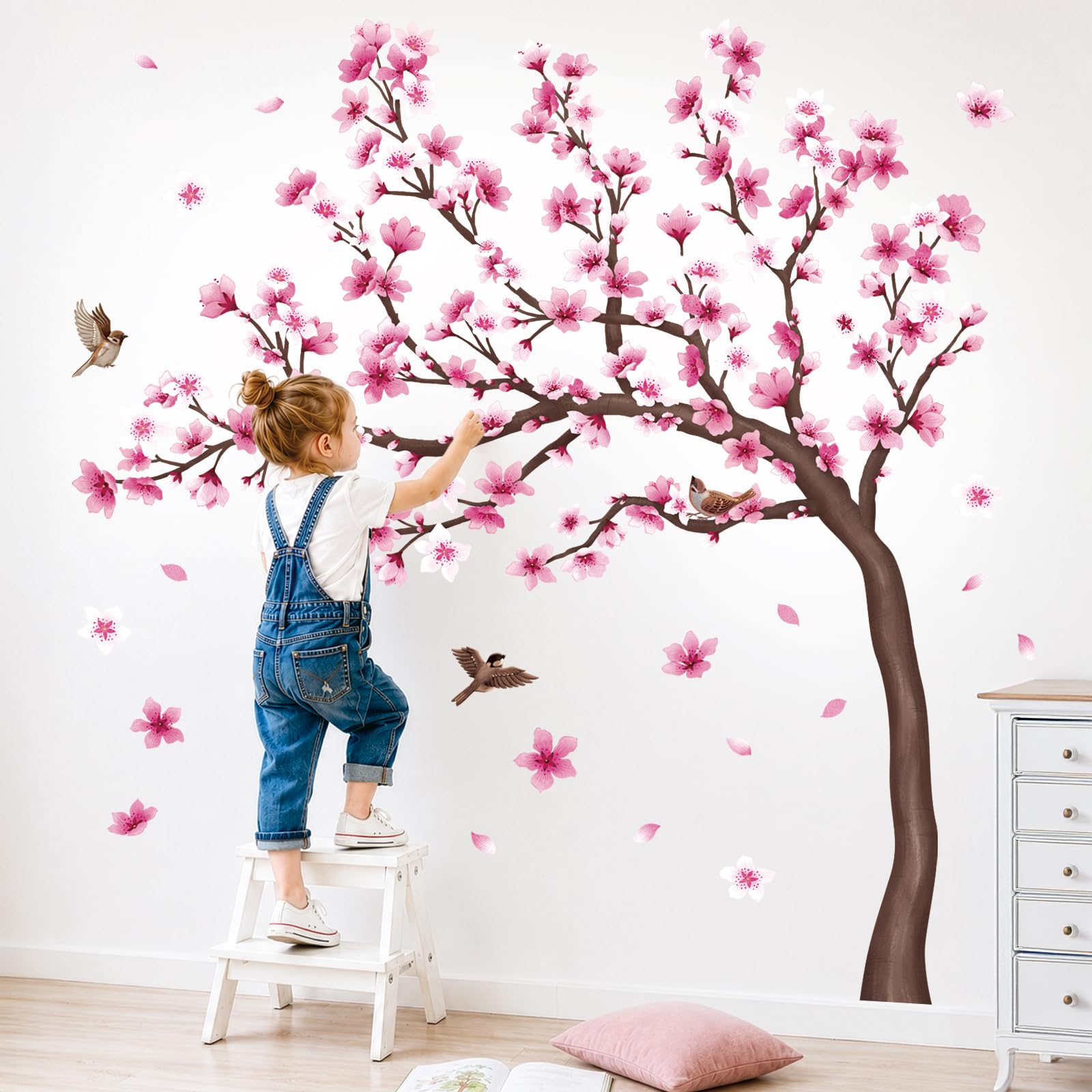 DECOWALL Cherry Blossom Tree Wall Stickers, Large Pink Floral Branch Wall Decals with Birds, Peel and Stick Wall Art for Living Room Bedroom Office Décor (SG4-2431)