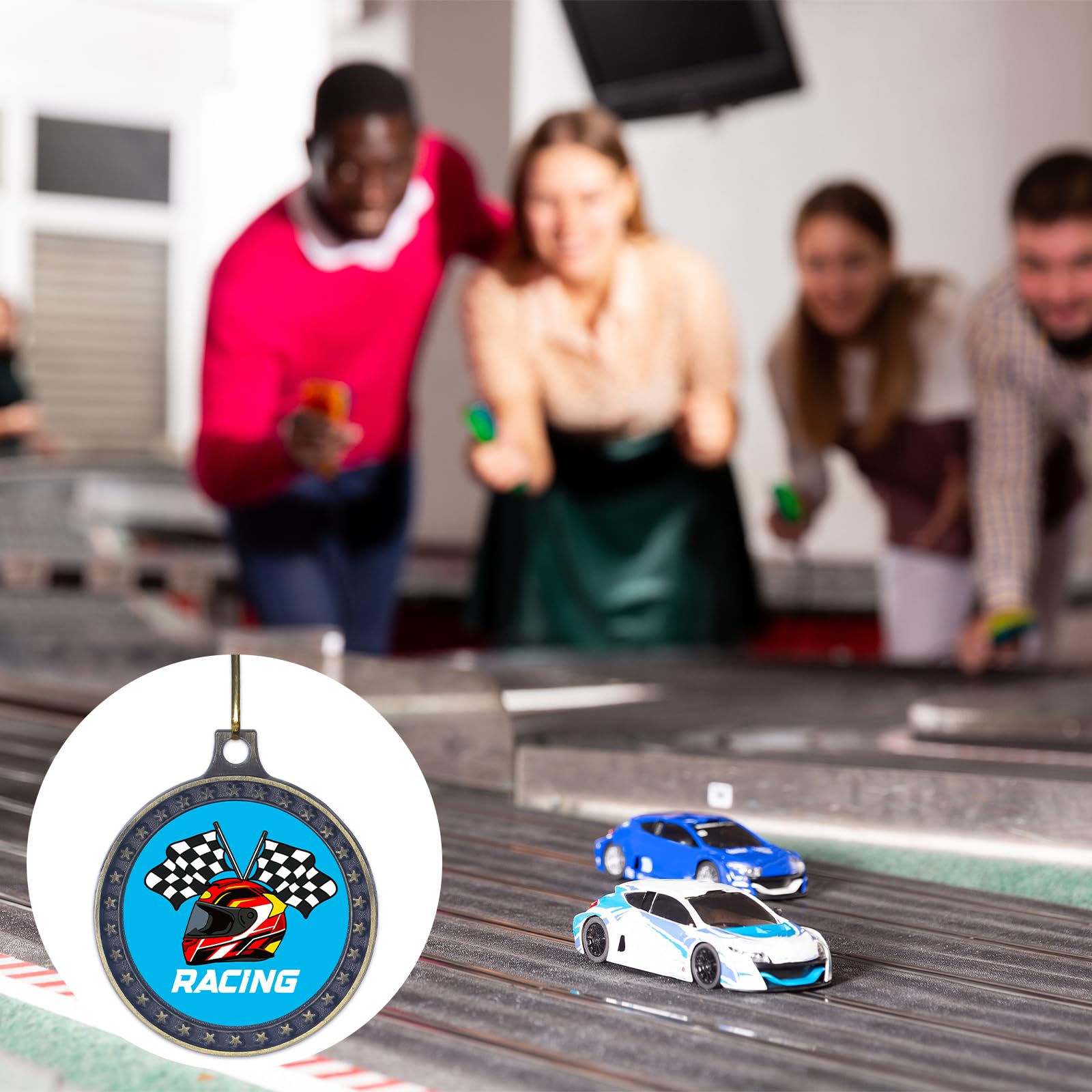 Huquary 20 medallas de premios Derby de coches de carreras con cinta para el cuello, premios de trofeo de metal, medallas para ganadores, medallas de participación de trofeos de coche, medallas de