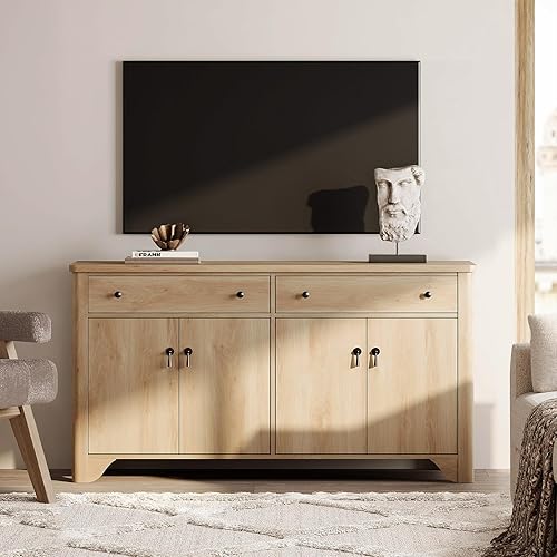 Miniatura 9 de WAMPAT Armario buffet con 4 puertas y 2 cajones, armario de 59 pulgadas de ancho con almacenamiento, armarios de almacenamiento de cocina de madera,