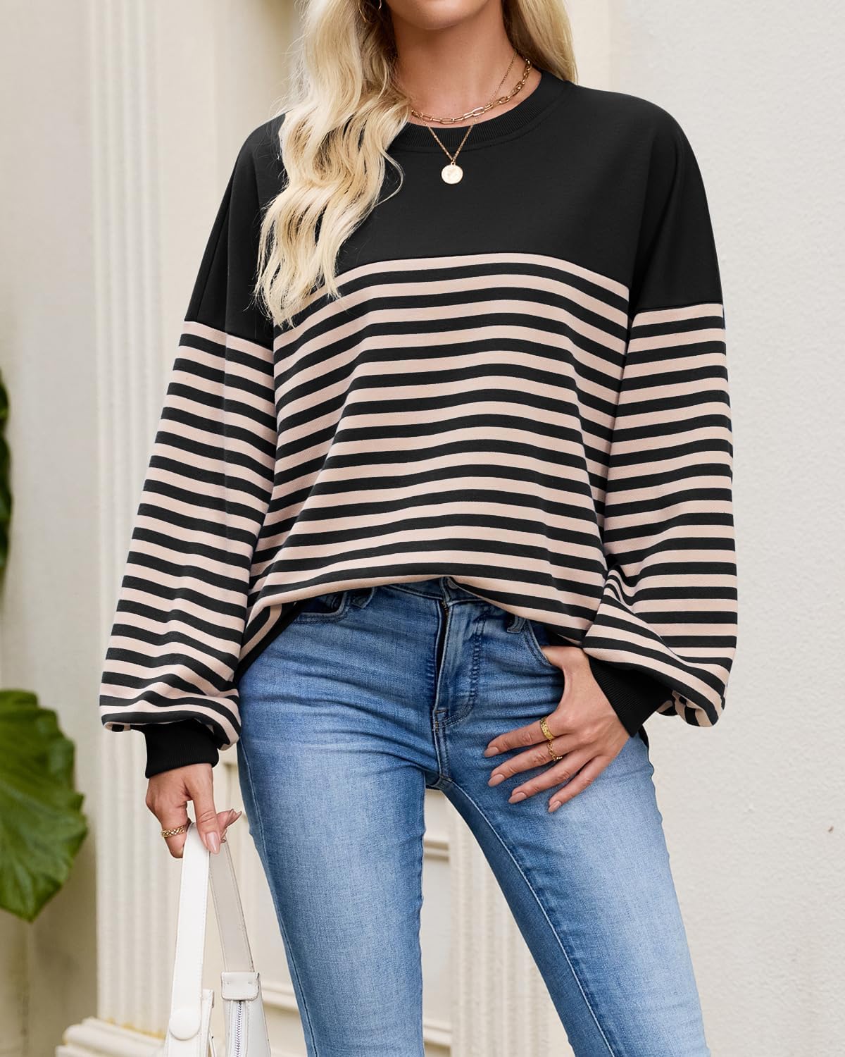 HEYTALALA Womens Oversized Striped Sweatshirts Y2K Long Sleeve Crewneck Sweater Color Block Drop Shoulder Loose Pullover Tops - Image 7