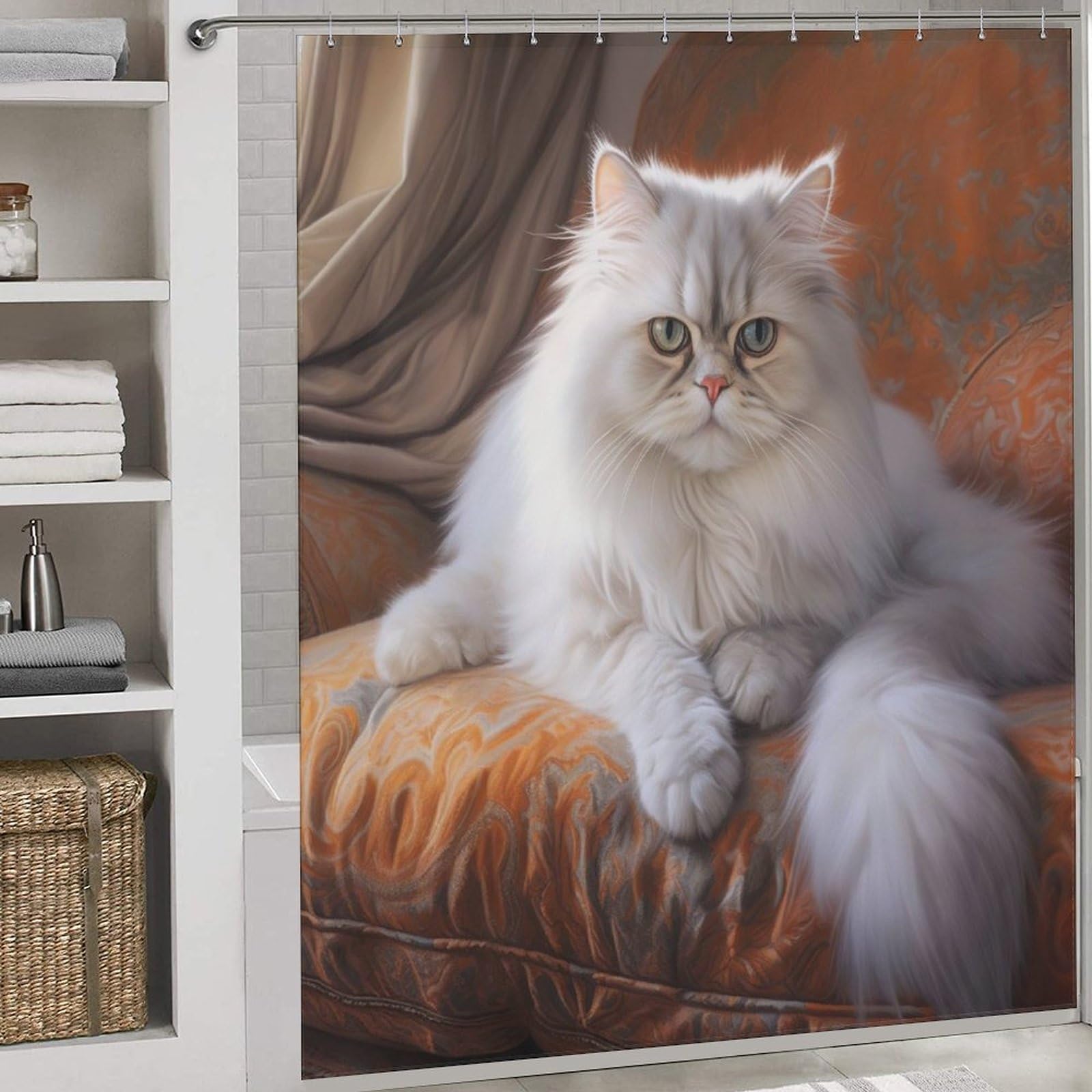 Rideau de douche chat en tissu lavable 183x183 cm avec 12 crochets