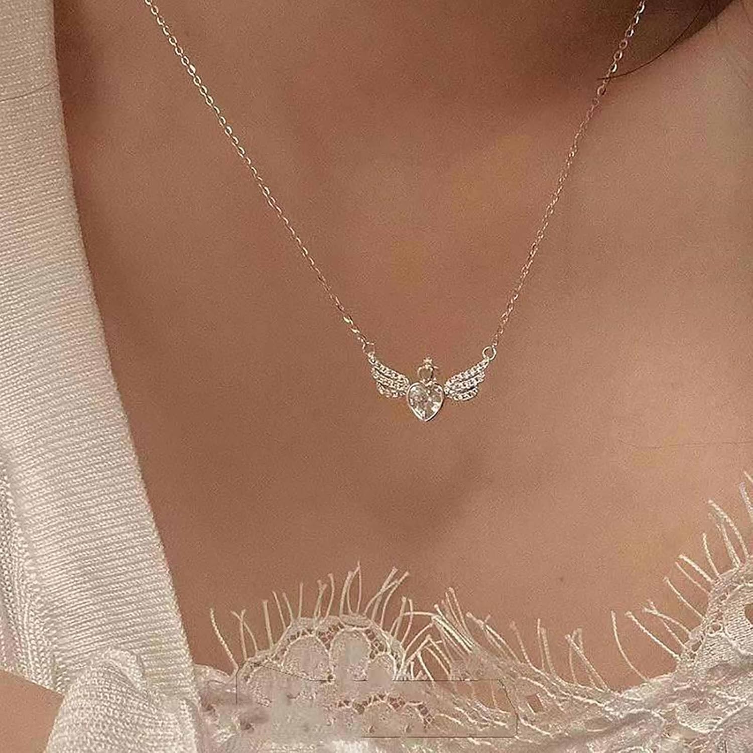 Bohemian Crystal Heart Choker Necklace Silver Wing Heart Pendant Necklace Cz Paved Angle Wing Collar Necklace Minimalist Rhinestone Heart Necklace Jewelry for Women Gifts - Image 5