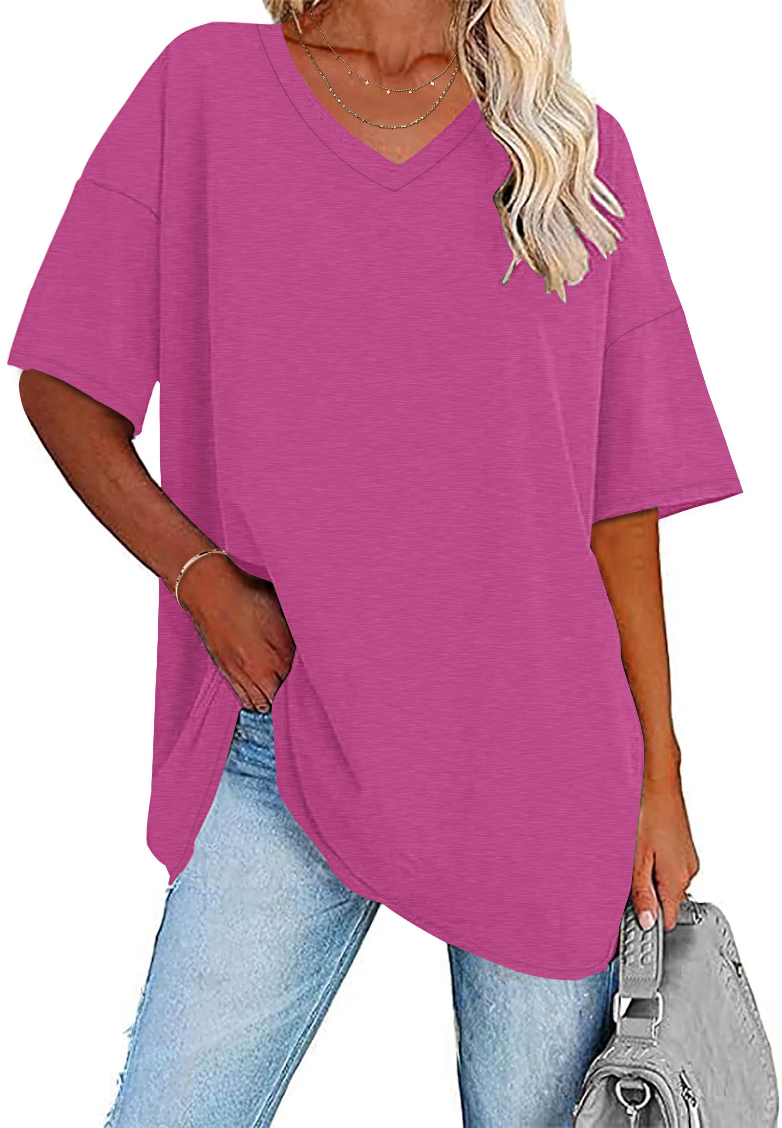 WNEEDU T-Shirt Damen Sommer Oversize Shirt Kurzarm V Ausschnitt Oberteile lässiges Top