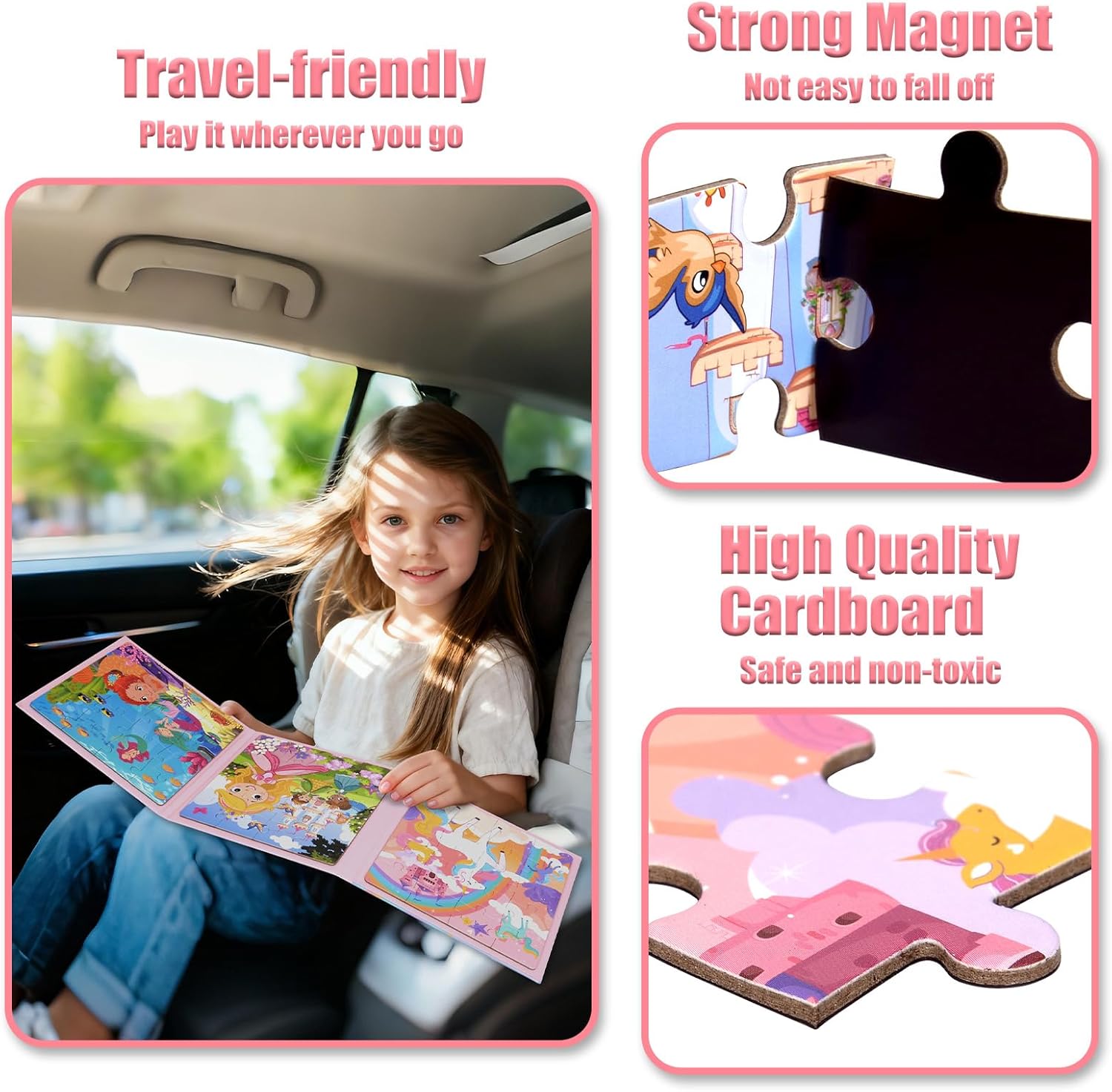 Magnetic Puzzles for Kids 3-5, 3-in-1 Princess Unicorn Mermaid Travel Puzzles for Kids Ages 4-6, Car Airplane Road Trip Activities Toys, Easter Day Gifts for Girls