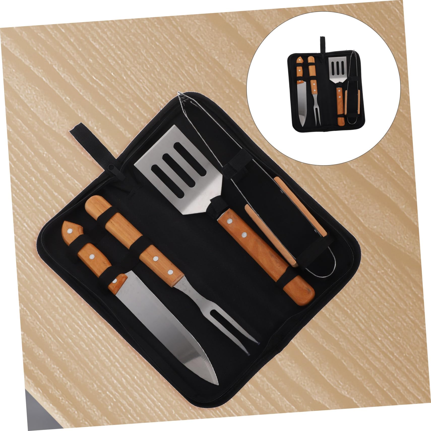 Grillbesteck mit Holzgriff Teiliges BBQ Zubehör für Outdoor Camping und Garten Tragbares Grillwerkzeug mit Spatel Zange und Messer im Praktischen Transportbeutel