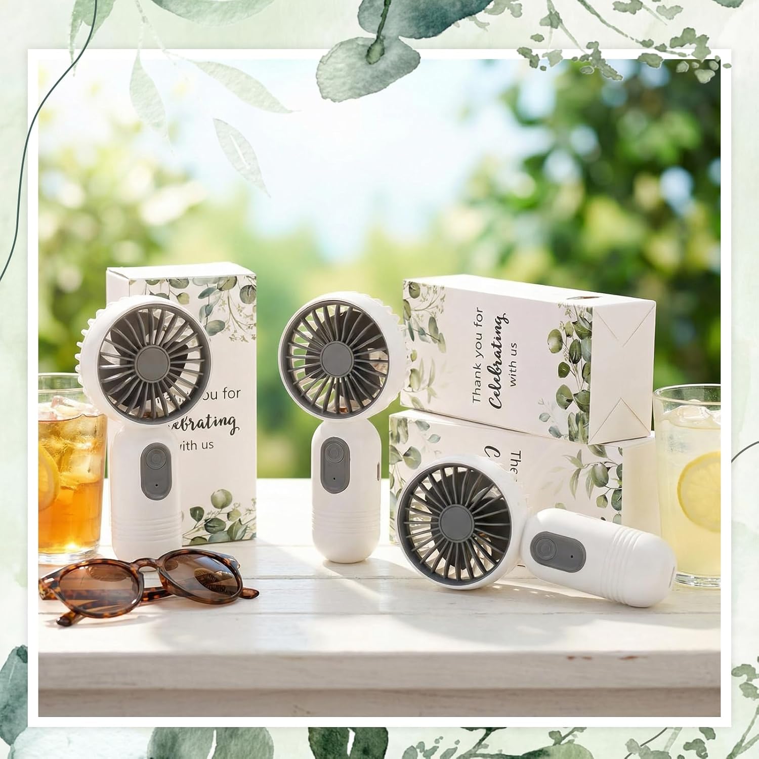 Retisee 50 Pack Wedding Portable Mini Handheld Battery Powered Fans Gift for Guests Thank You USB Small Personal Fan with 3 Speeds for Summer Bridal Shower Party Favor(Leaf,White)