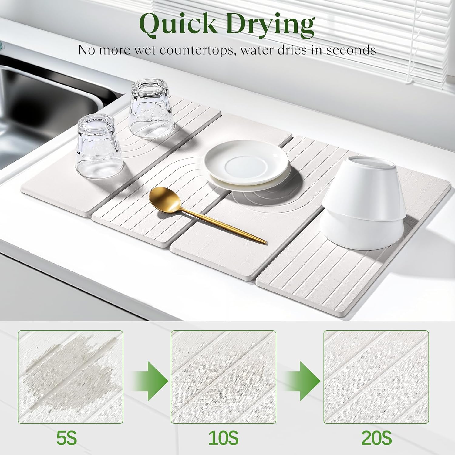 Large Stone Dish Drying Mat for Kitchen Counter, Quick Dry Stone Dishes Mats, 23.6"(L)×15.4"(W), Water Absorbing Diatomaceous Earth Drying Pad for Countertop Bottles Utensils Cups, White