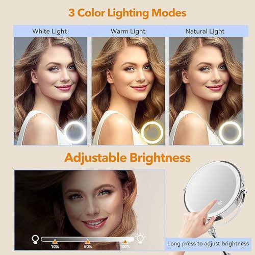 Miniatura 6 de Espejo de maquillaje de escritorio de altura ajustable con luz, 1x10x doble cara giratoria de 360 con aumento de 360 con base plegable y