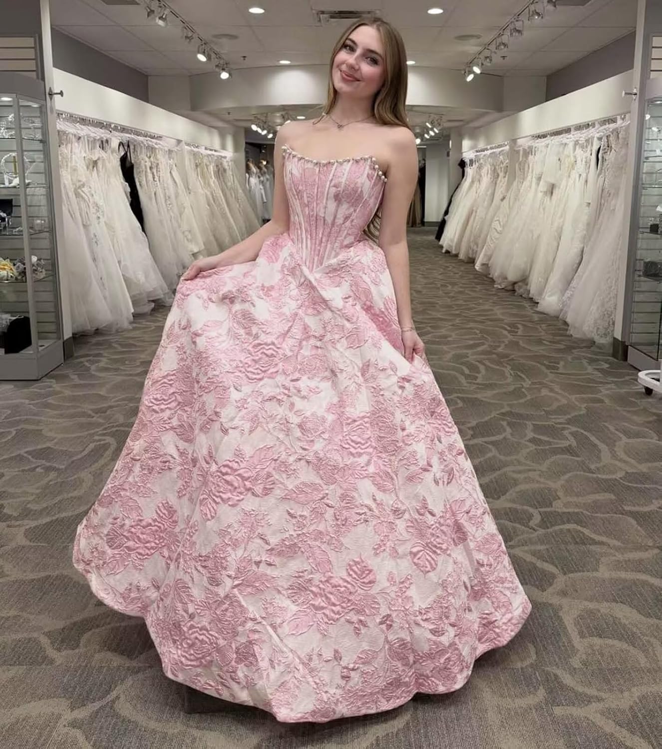 Mollyevers Floral Jacquard Prom Dresses for Women 2026 Pearl Strapless Corset Long Formal Evening Gowns with Pockets