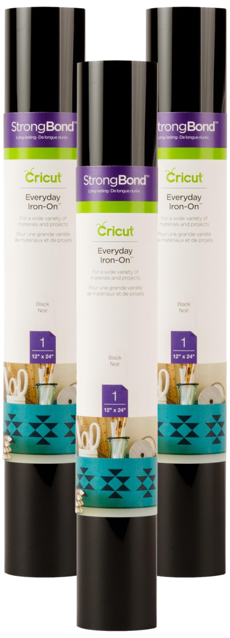 Cricut Everyday Iron On - Black, 3-Pack of 2ft Rolls (12"x24"), 6ft Total - HTV Heat Transfer Vinyl for Shirts, Apparel, Hats &amp; More - Compatible with Maker &amp; Explore Machines