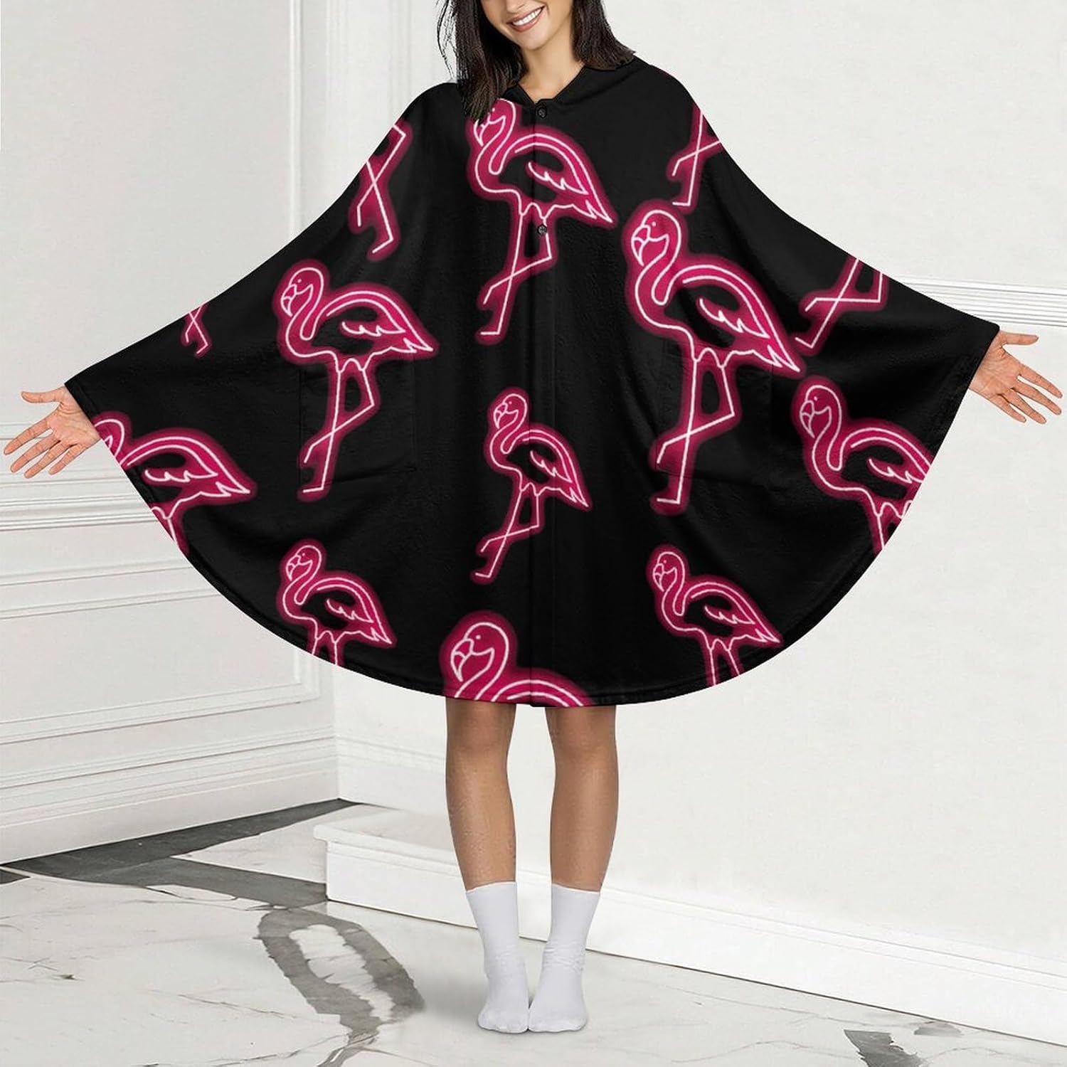 Flamingos Neon Wearable Blanket with Hooded Flannel Blankets Cape with Pocket