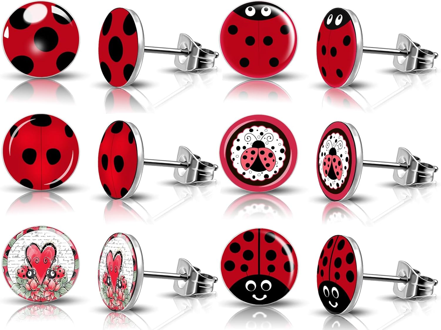 SIISPRI 6Pairs Ladybug Women Earrings Set Cute Bug Little Ladybird Earrings Round Circle Button Stud Post Earrings 10MM