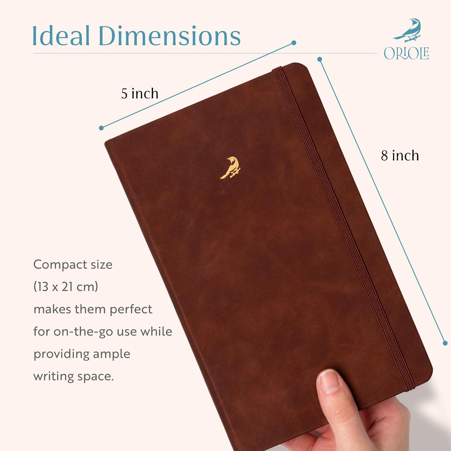 Oriole Vegan Leather Ruled Notebook - Chestnut Brown | 176 Pages of Thick Lined Paper | Soft Touch Hardcover Journal (5 x 8 in) with Gold Foil Bird Design & Luxury Gift Box