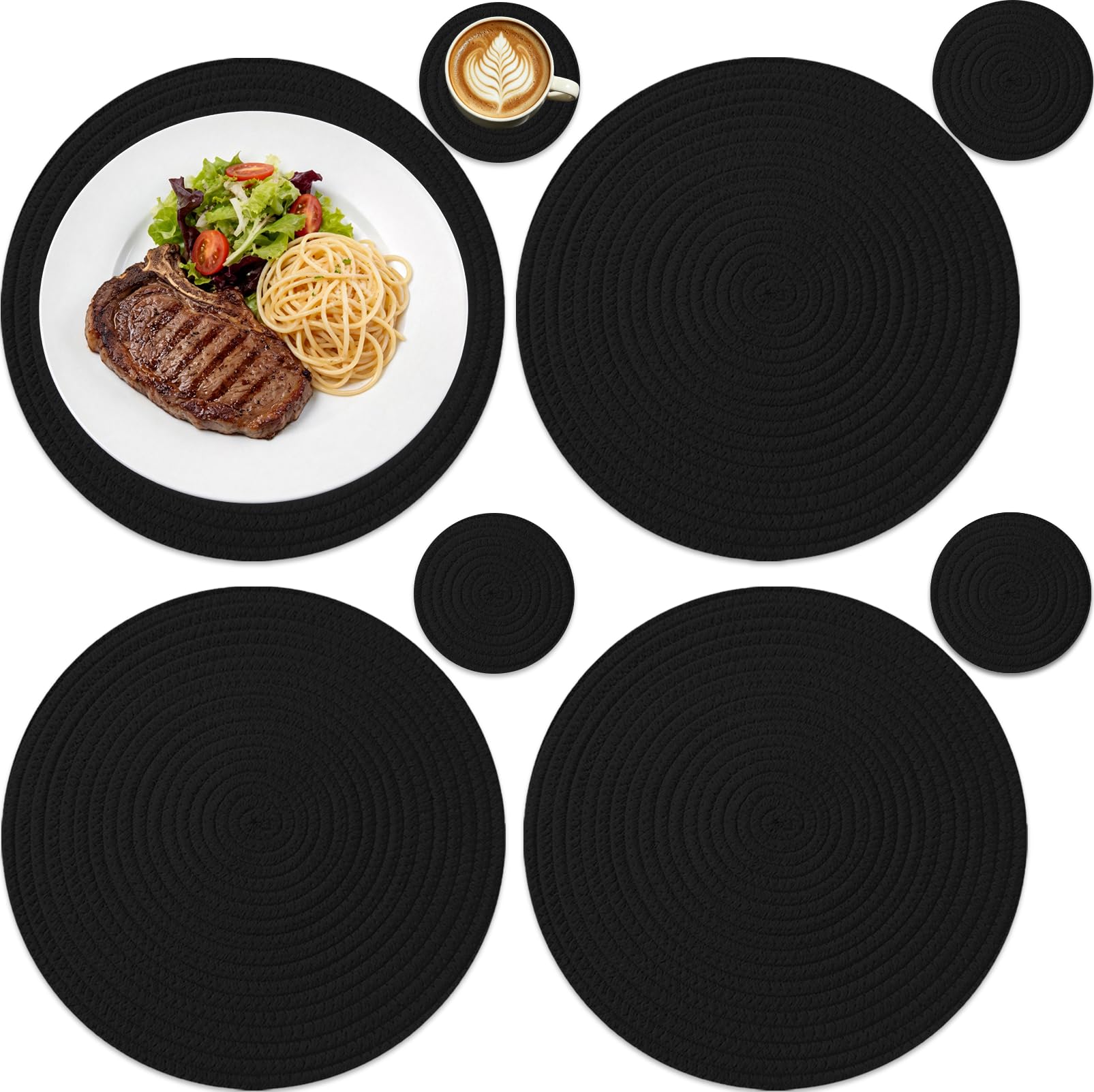 JDF3EE Table Mats Set, 4 Mats and 4Coasters,Round Cotton Braided Woven Placemats and Coasters, Heat Resistant Plate Placemats, Easy to Clean, Thick Protects the Table for Outdoor Garden Table (Black）