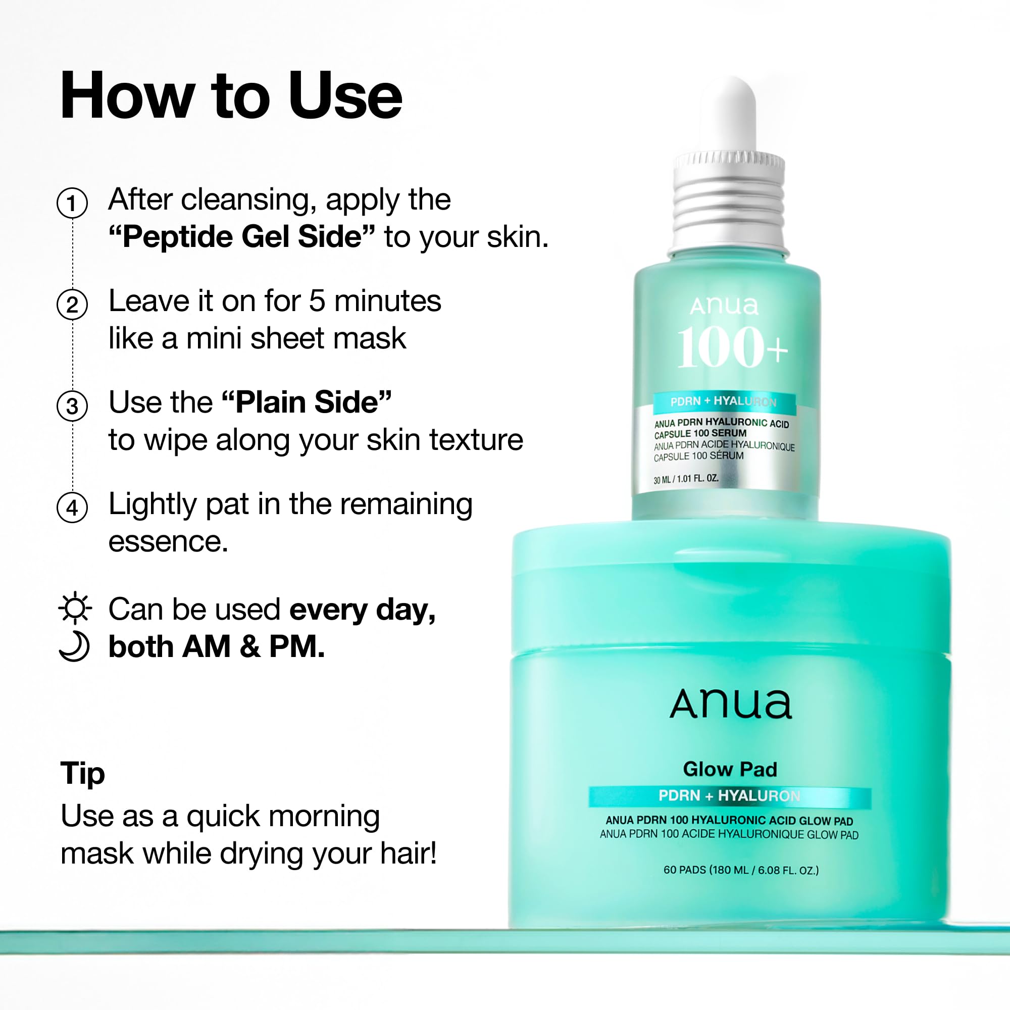 Anua PDRN 100 Hyaluronic Acid Glow Pads - Dischetti tonico viso coreani glow e rimpolpanti con PDRN e Acido Ialuronico, idratazione profonda, prep make-up, doppia texture (180 ml, 60 pads)