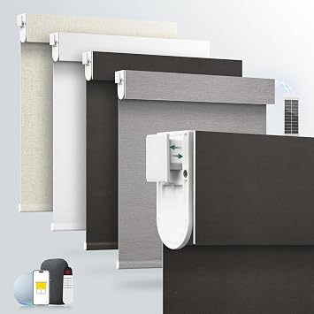 No-Drill No-Tools Motorized Roller BlindsSolar Panel Included with Remote Control 100% Blackout Grasscloth Fabric Smart Blinds Windows Cordless Compatible with Alexa Black,3312W48H