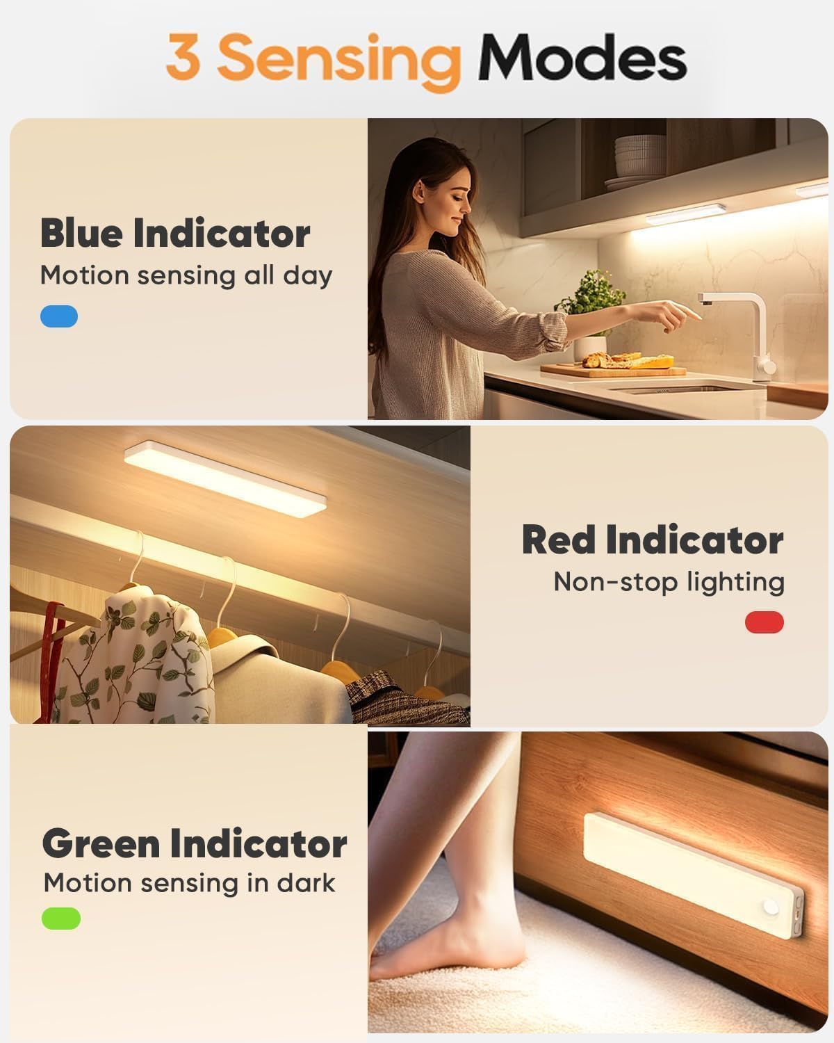 13inch Under Cabinet Lighting, 3 Color Temperatures Motion Sensor Light Indoor, USB Rechargeable Battery Operated Closet Lights, Dimmable LED Cabinet Lights, Under Counter Light for Kitchen (2 Pack)