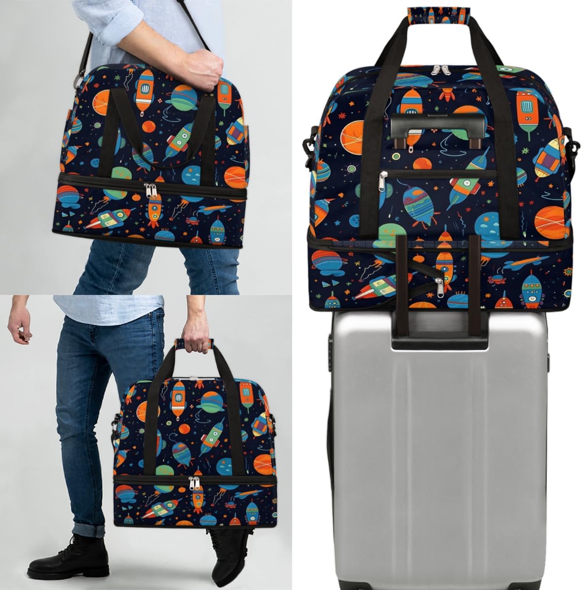 QsirBC Planet Decor Gym Bag for Women Duffle Tote with Shoes Compartment Men Weekender Duffel for Dance Travel Sports Swimming Overnight