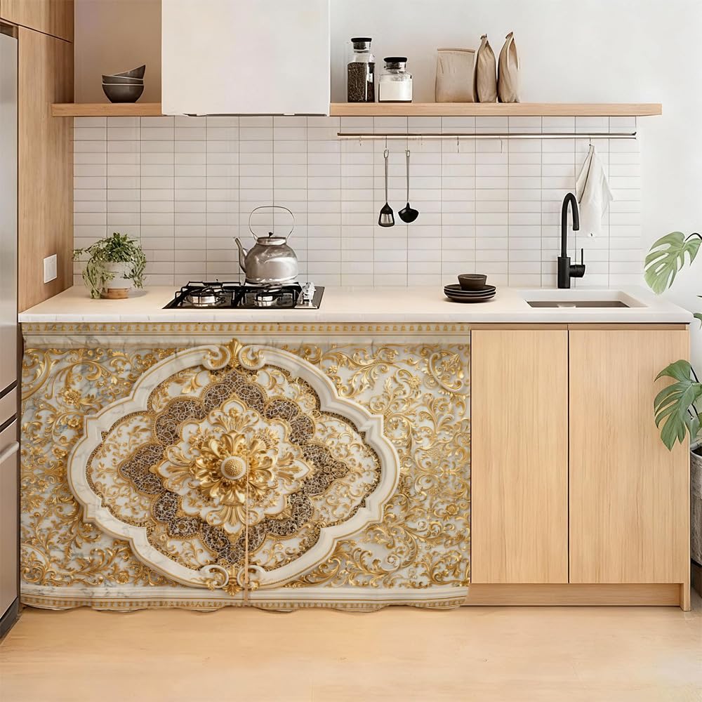 Self Adhesive Luxury Golden Baroque Cabinet Curtain for Mother's Day, 39x28 Inch Victorian Floral Under Sink Skirt No Drill, Spring Cleaning Kitchen Decor, Hook and Loop Valance