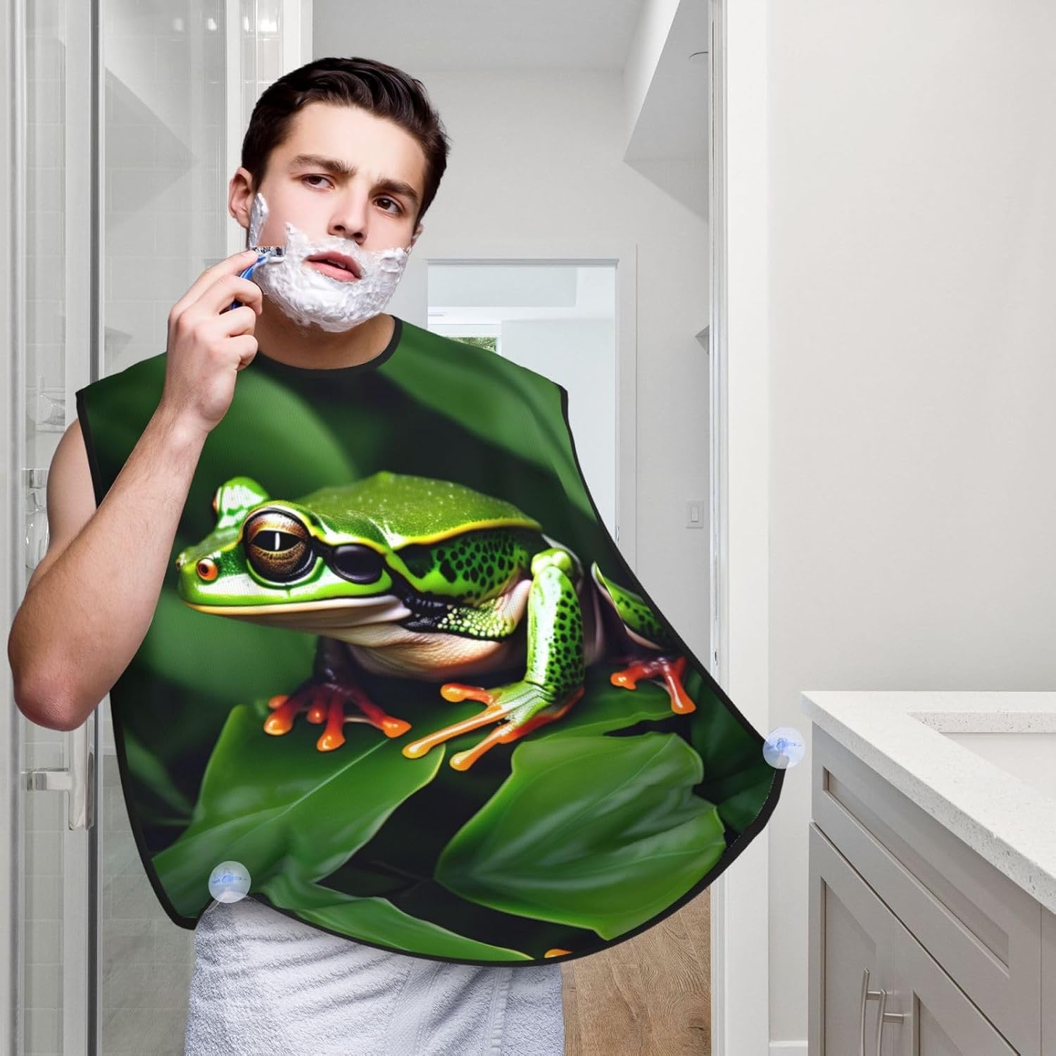 Animal Frog Green Leaf Leaves Print Beard Bib Apron, Shaving Apron For Dad, Men'S Hair Catcher For Shaving Best Gifts For Dad