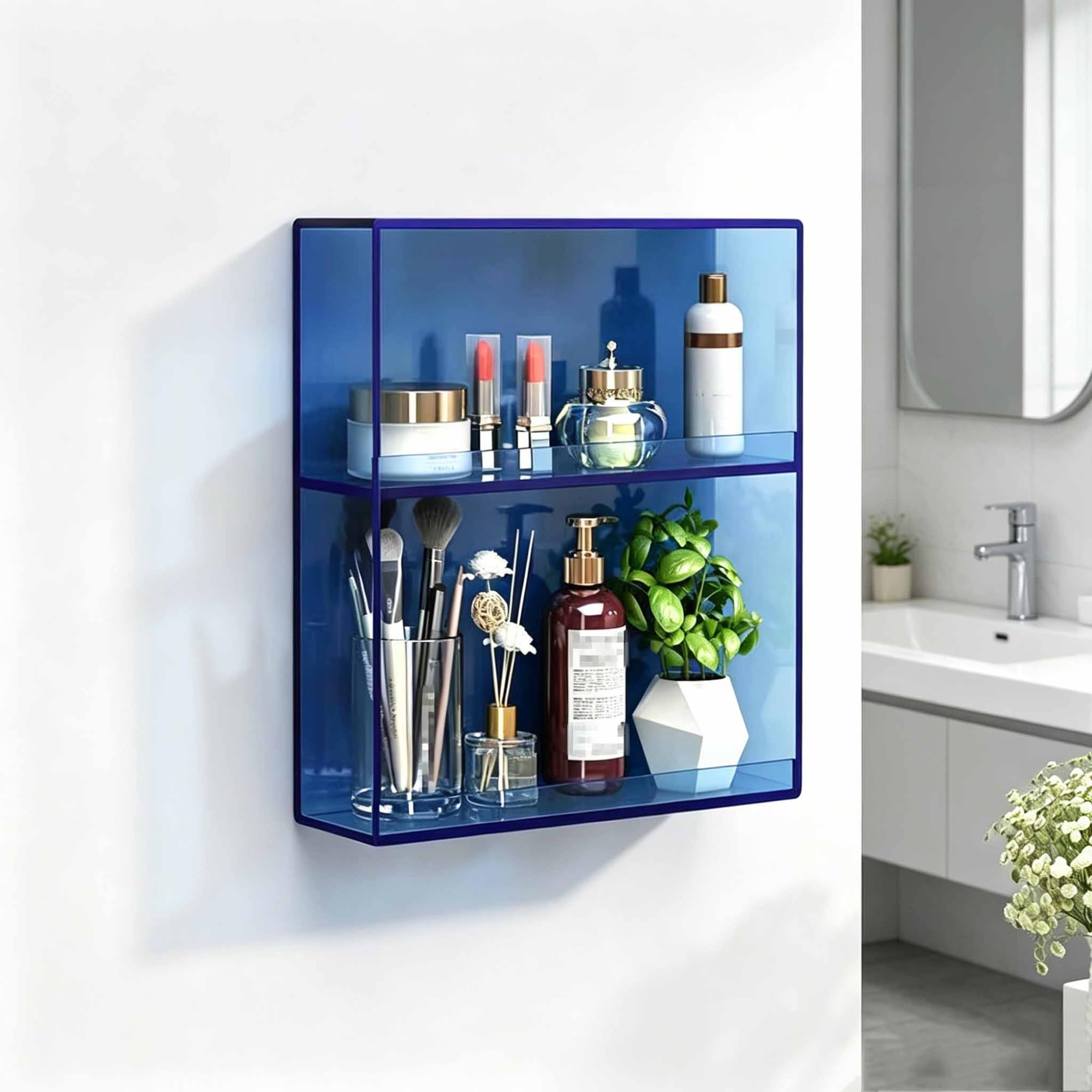 Dalumian Floating Shelves for Wall Decor, Acrylic Magazine Holder, Space-Saving Floating Shelves Wall Organizer for Perfume, Make up, Skincare(Blue,2-TIER)