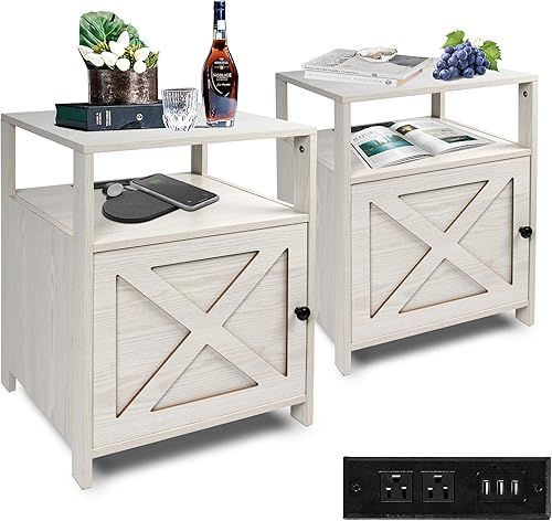 Mesitas de noche con estación de carga, juego de 2 mesas auxiliares con cajón, mesa auxiliar para dormitorio, sala de estar, mesita de noche con