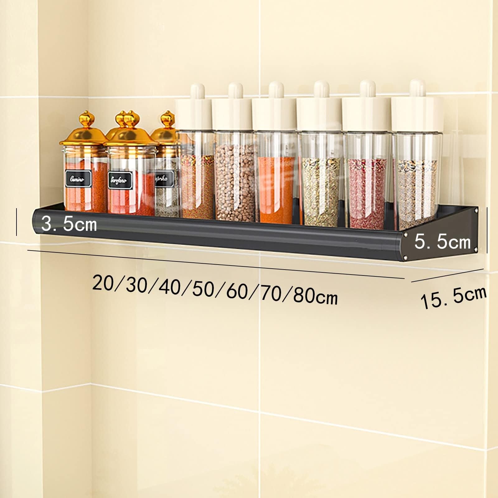 Estante de metal montado en la pared, organizador de especias que ahorra espacio para hierbas y frascos, 30 cm y 70 cm, solución de almacenamiento de cocina, color negro, perfecto para especias y