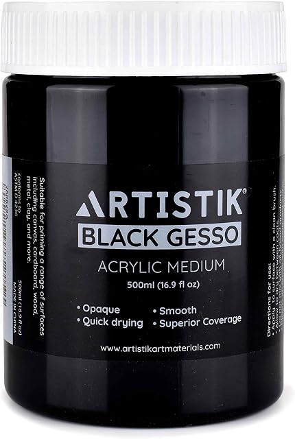 Black Gesso Acrylic Medium - 500 ml Professional Grade Surface Prep Paint Applies Smoothly on Various Surfaces - Liquid Primer for Canvas, Paper, Cardboard, Wood and Other Arts and Crafts Projects