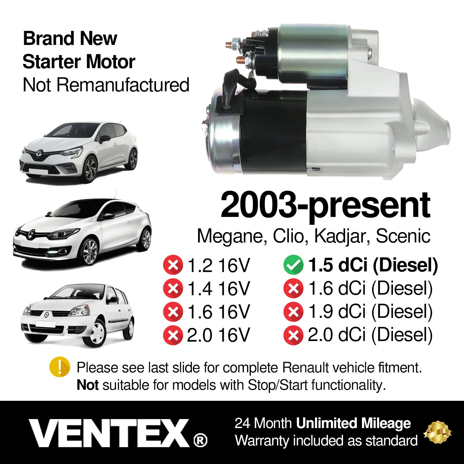 VENTEX® Motor de arranque VSM8210 compatible con Renault Clio Megane 1.5 dCi Diesel Kadjar 2003-2024 Nissan Qashqai Juke Note 1.5 dCi 2007-2013