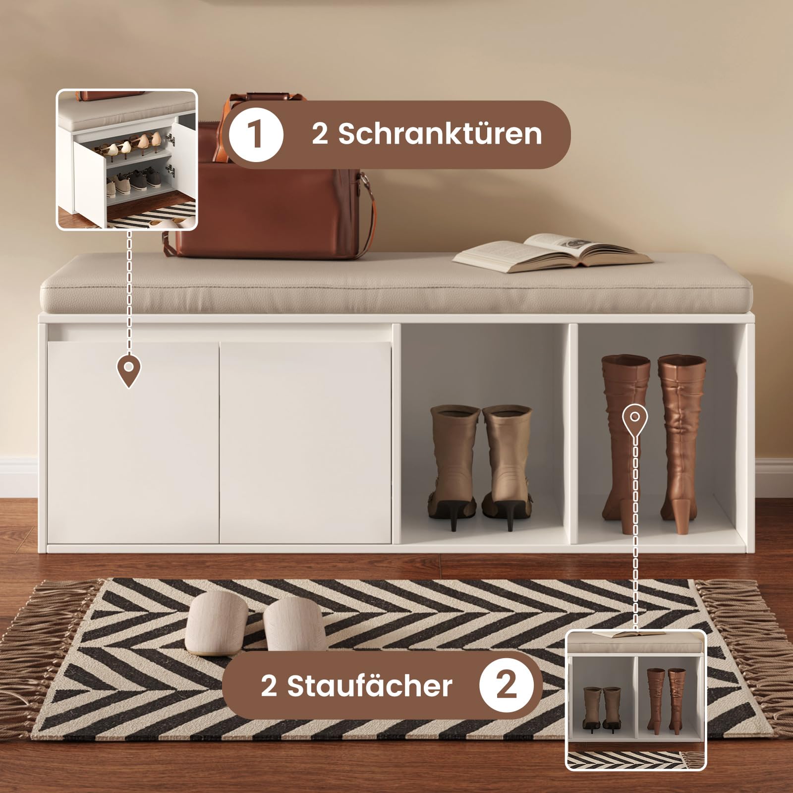 Miuuod Schuhbank mit Stauraum, Schuhbank mit Schiebetüren, Schuhwechseltisch mit gepolstertem Sitz für Schlafzimmer, Eingangsbereich und Flur
