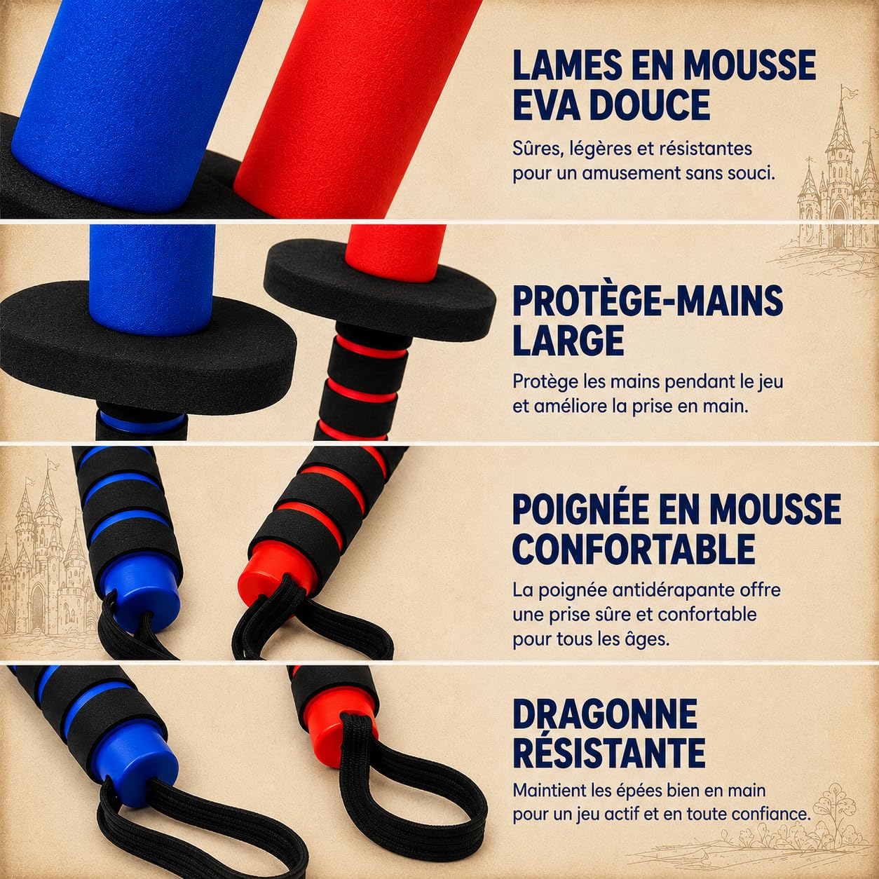 Lot de 2 raquettes en mousse pour enfants (rouge/bleu) | Jeu de clôture pédagogique et épée souple pour la réduction de l'agression | Appareil de sport pour la motricité et le mouvement avec sac |