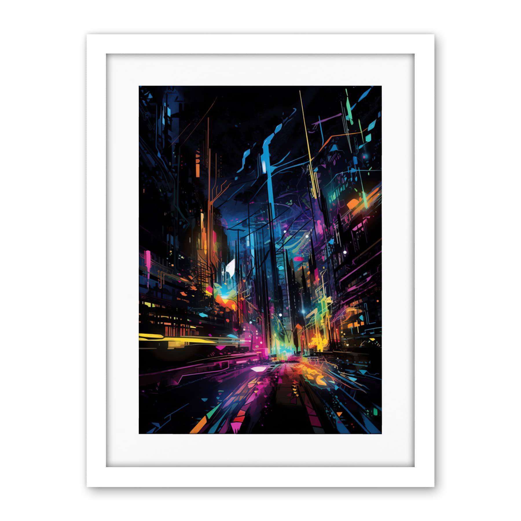 Artery8 New York City at Night Modern Abstract Neon Contrast Painting Artwork Framed Wall Art Print 18X24 Inch