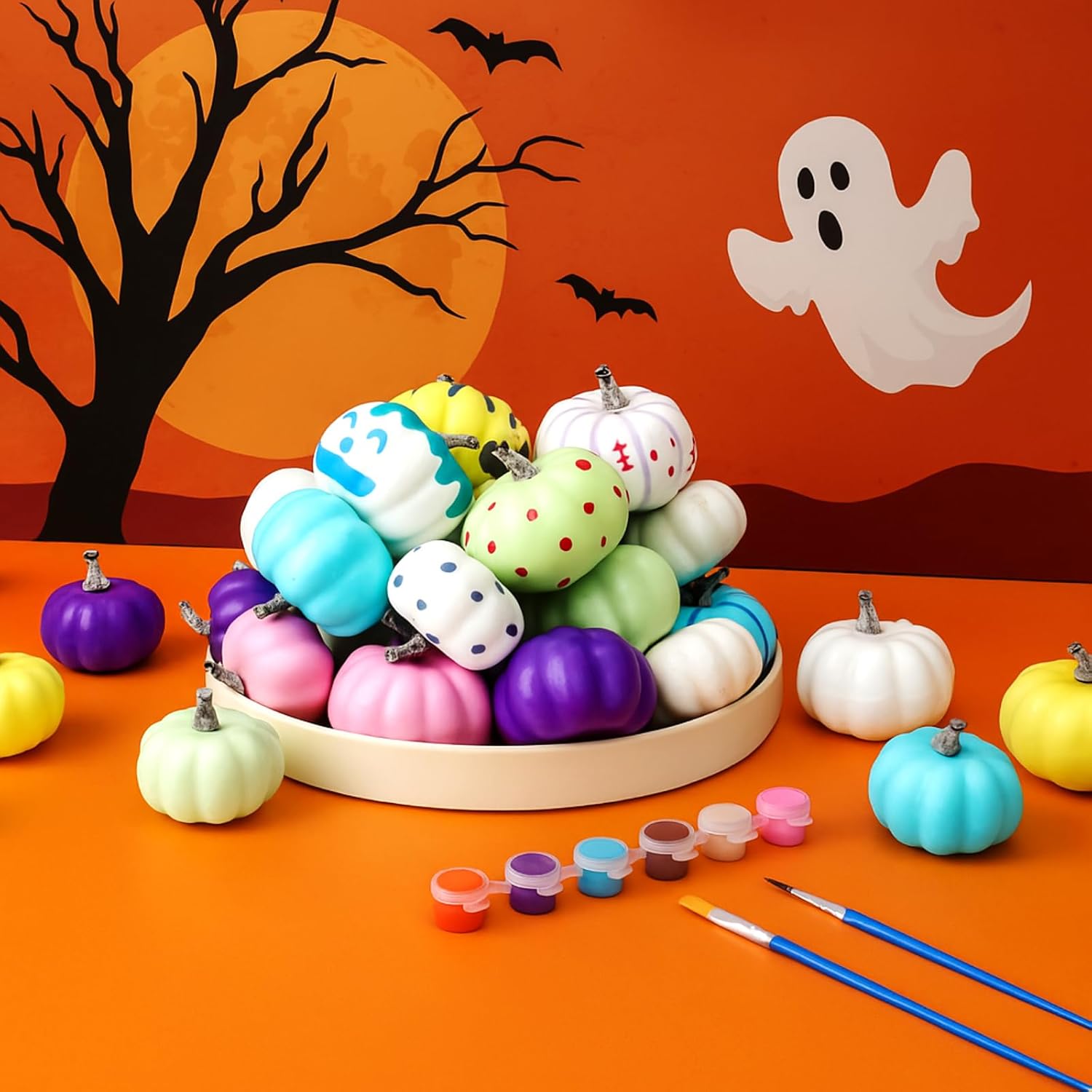 Yalikop 50 Pcs Halloween DIY Pumpkin Painting Kits 42 Halloween Assorted Craft Foam Pumpkins to Paint with Paints Palette Brush Decorative Fall Thanksgiving Activity Art Gift Party(Pastel)