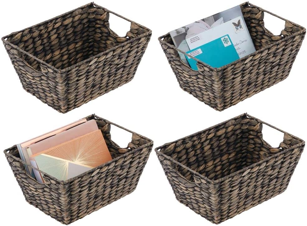 mDesign Natural Woven Hyacinth Closet Storage Organizer Basket Bin for Kitchen Cabinets, Pantry, Bathroom, Laundry Room, Closets, Garage - 4 Pack - Black Wash