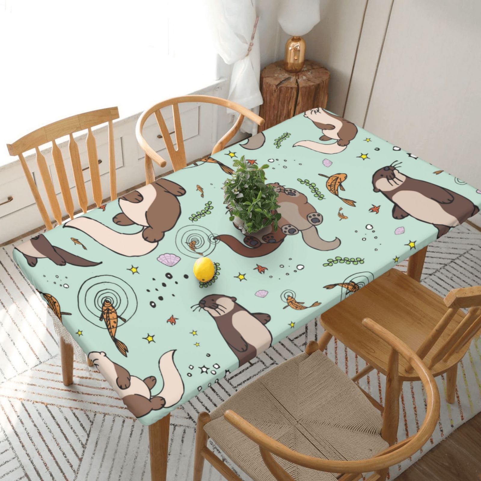 DCEHGEW Elastic Fitted Rectangle Tablecloth for 5ft Tables, Otters Printed Oilproof & Washable Fabric Picnic Table Cloth Table Covers