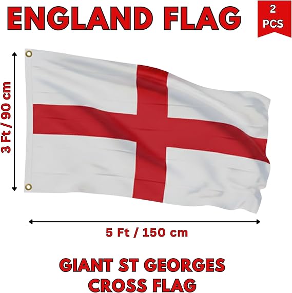 St Georges Cross Flag 2 Pcs England Flag 5ft x 3ft For Flagpoles Outdoor English Flag, Large England Flags For Houses, Gardens, Events And Match Days
