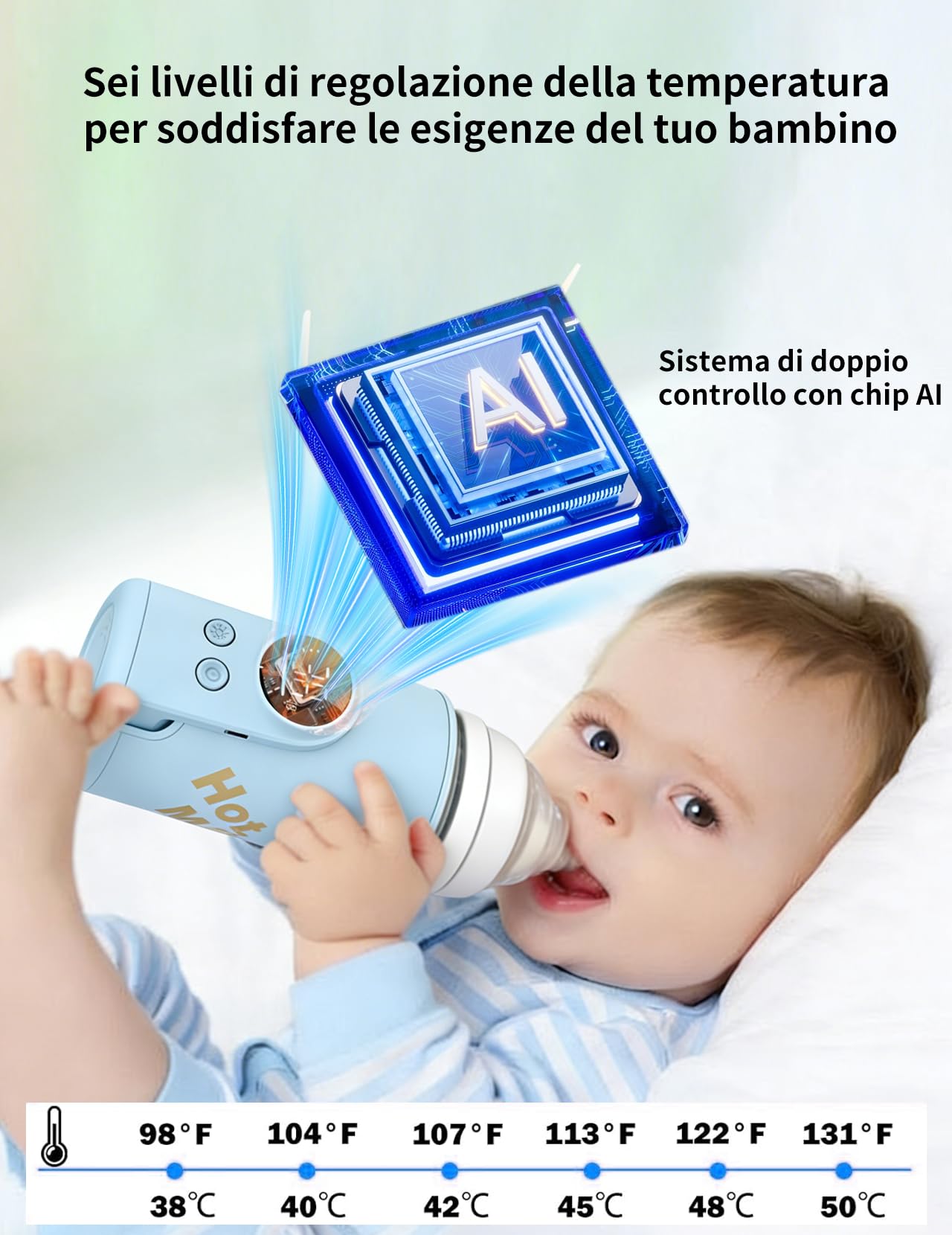 Scaldabiberon per bambini, con batteria da 8000 mAh, 6 livelli di temperatura da 38 a 50 °C, indicatore LED e luce notturna, portatile, funzione di ricarica USB, per viaggi e casa (blu)