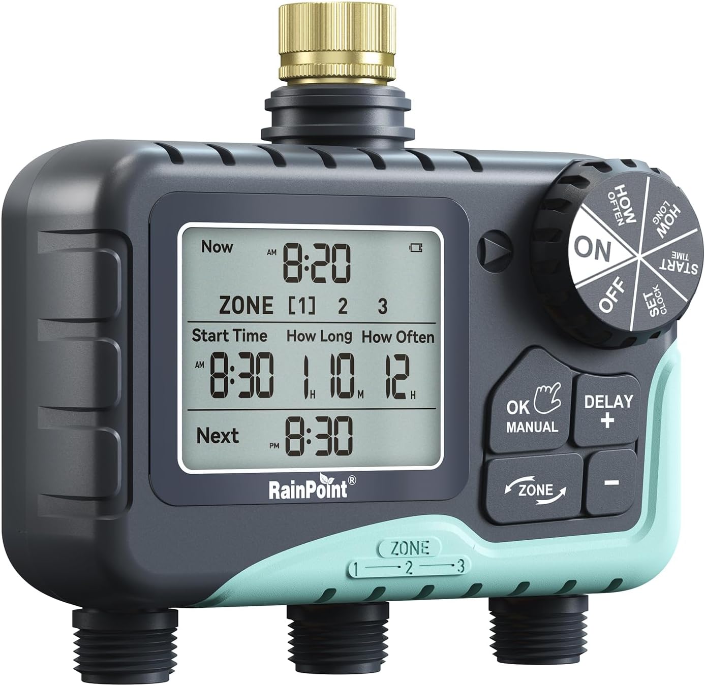 RainPoint 3-Zone Sprinkler Timer with Brass Inlet - IP65 Waterproof Hose Timer for Garden, Yard & Lawn Auto Watering Schedules