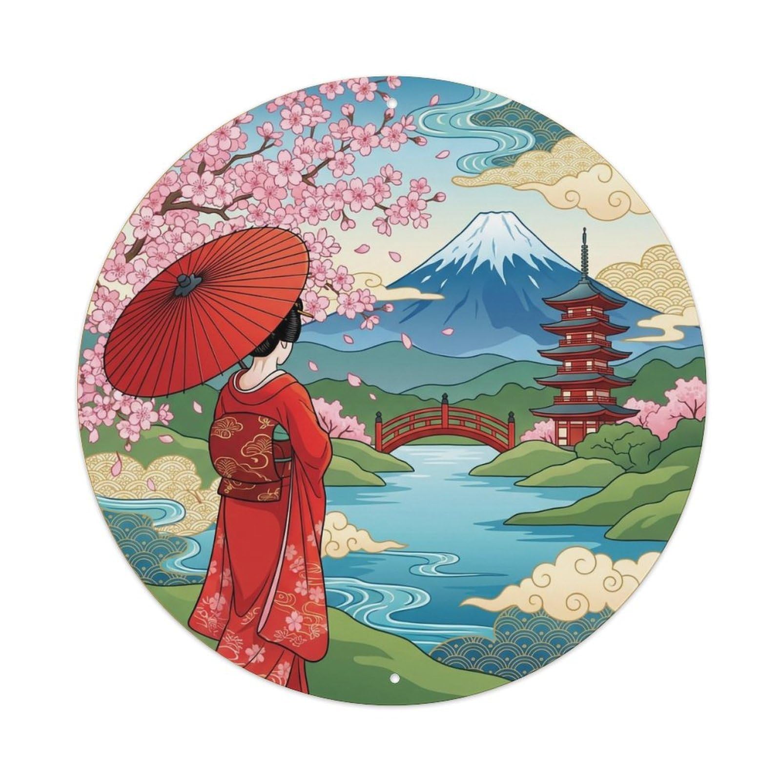 Japanese Geisha Cherry Blossom View Serene Landscape Metal Tin Sign