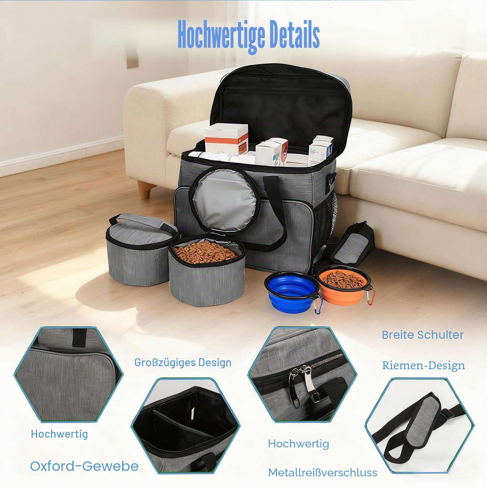 Hunde Reisetasche Große Hundetasche, Reisetasche für Hunde Organizer für Tierbedarf mit 2 Futterbehältern und 2 faltbaren Näpfen für Katzen, große Hundetasche