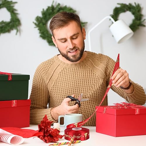 Miniatura 6 de Cinta de Navidad de 50 yardas, de 1.5 pulgadas, con alambre, cinta de satén de grogrén rojo con purpurina ancha para fiestas de Navidad, envoltura