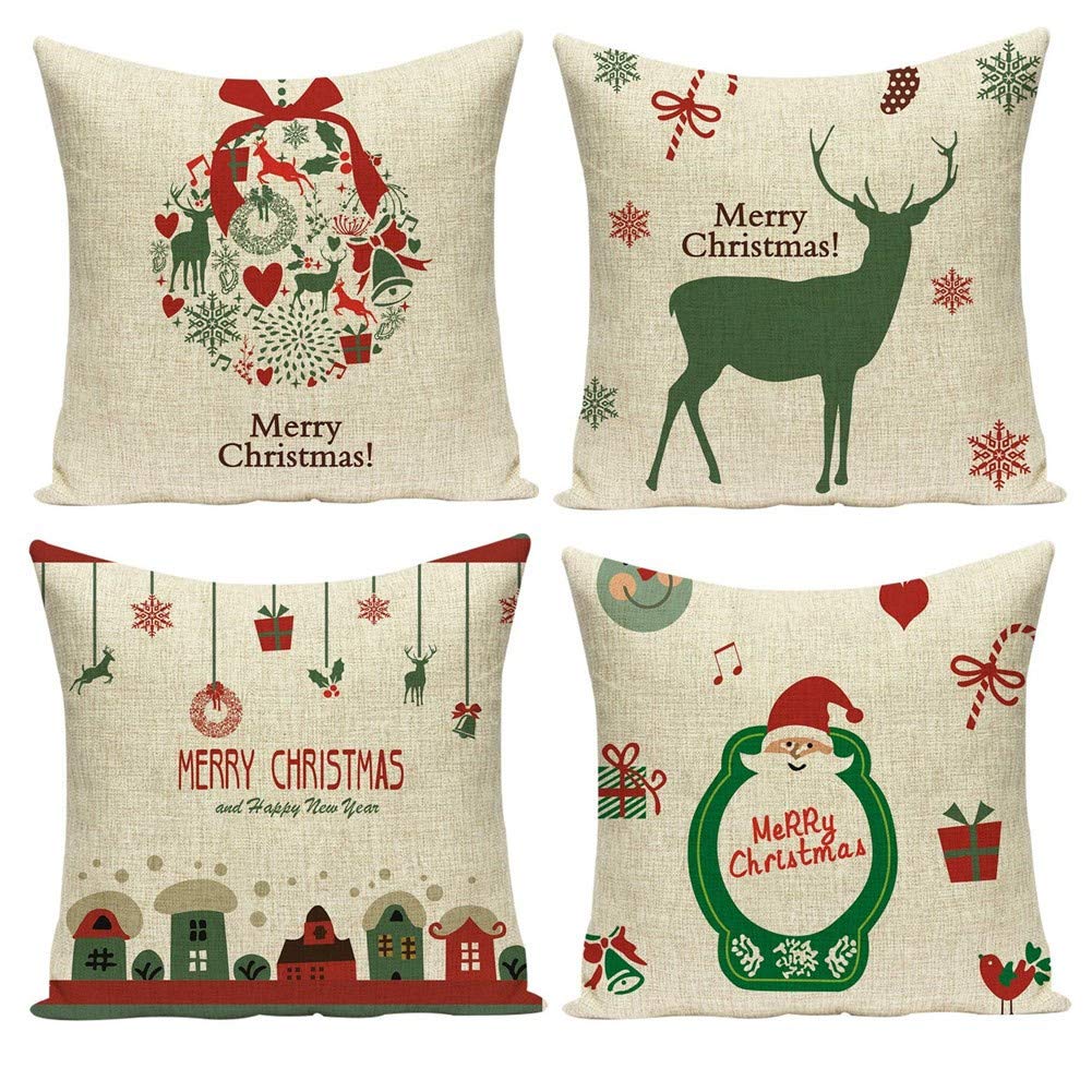 Gspirit Natale Babbo alce 4 pack cuscini per divani Decorativo Cotone Biancheria Cuscino copricuscini divano Caso Federa per cuscino 45x45 cm