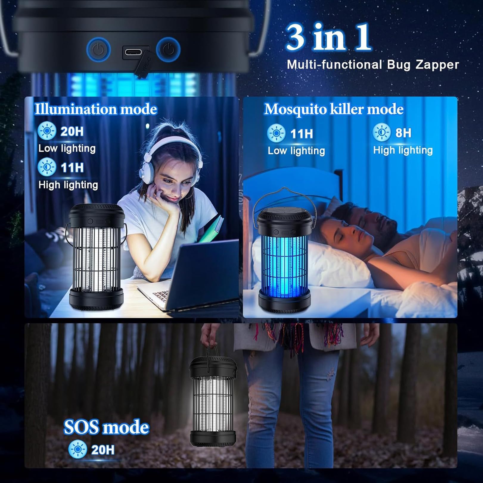 Lámpara eléctrica para Matar Insectos con energía Solar 2024,para Acampar,Repelente Mosquitos portátil 3 en 1 con LED,Carga Solar y USB,Trampa para Mosquitos,Black-1pcs