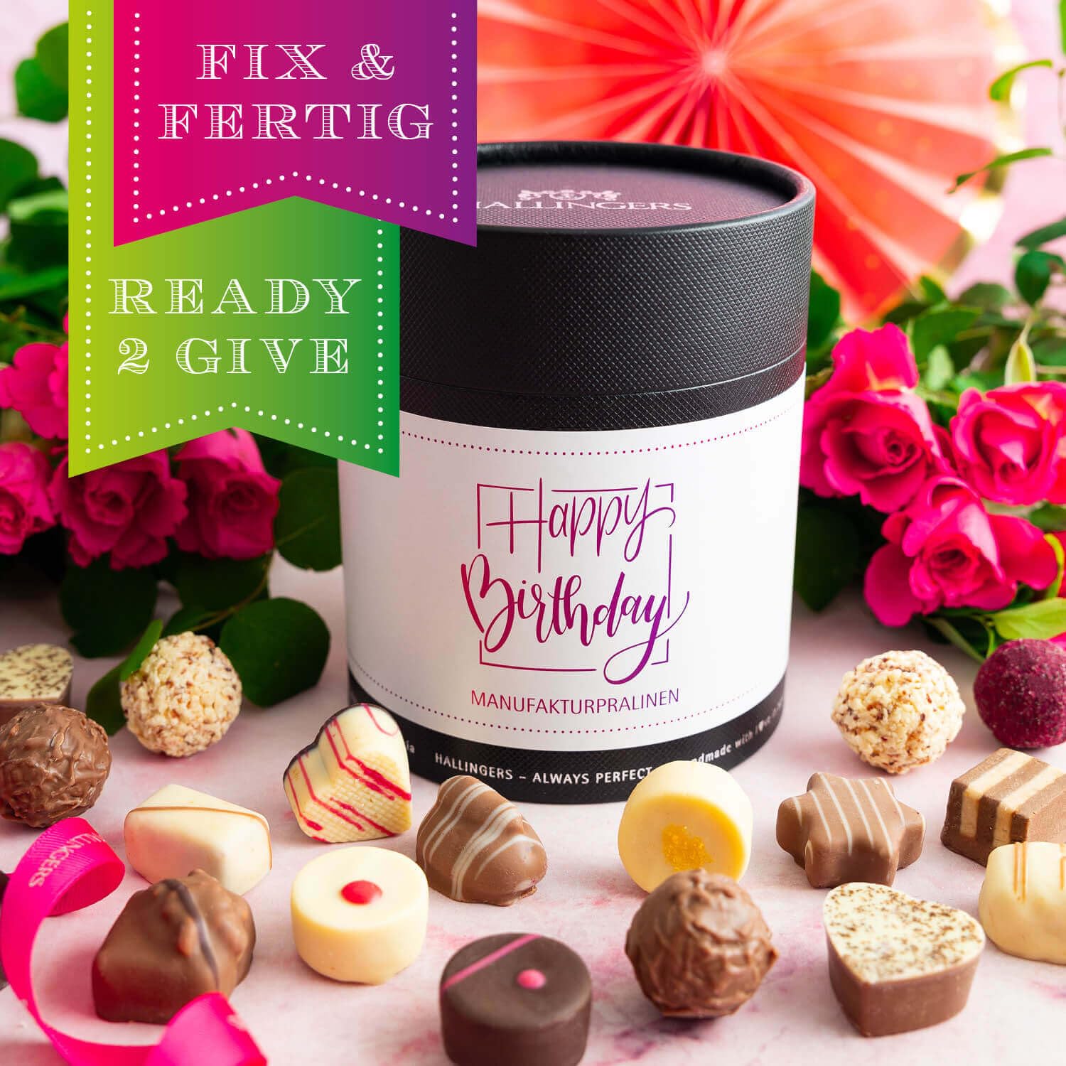 Hallingers Genuss Manufaktur Pralinen Geburtstagsgeschenk - ohne Alkohol, handmade aus Confiserie-Edelkakao in wertiger XXL-Geschenkdose "Happy Birthday ...", Geschenke für Frauen Freundin