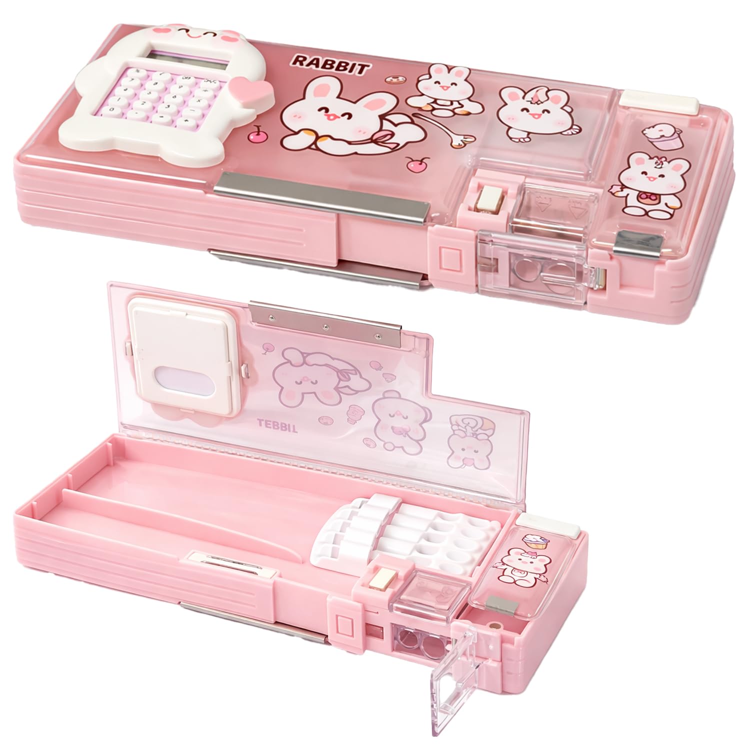 FunBlast Cute Bunny Pencil Box with Calculator – Multifunctional Stationery Box with Sharpener, Eraser & Storage, Cartoon Pencil Case for School Kids (Pink)-image-48