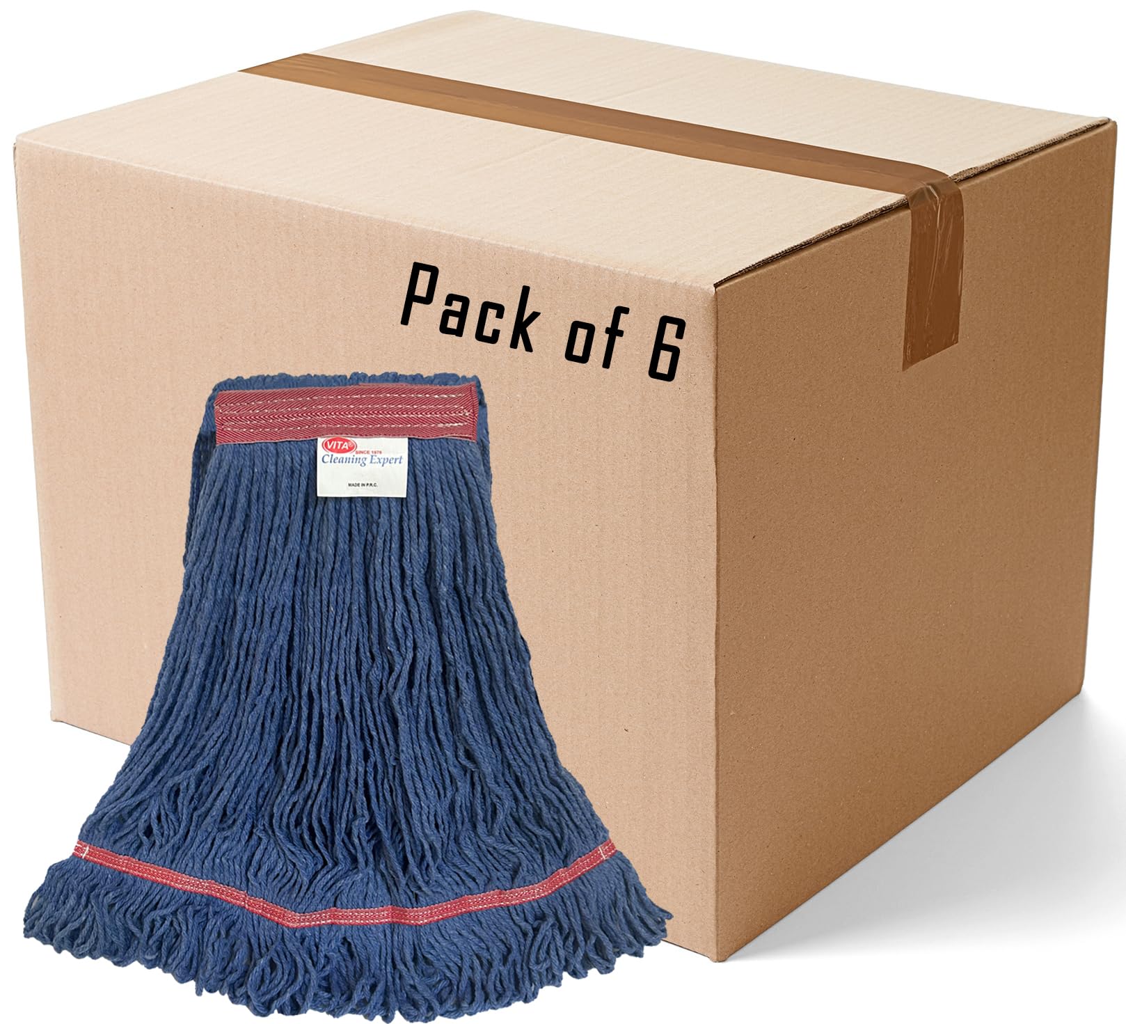 Blue Premium Blended - Large Narrow Band Looped-End Wet Mop - Superior Pick-up and Durability - 6 Pack