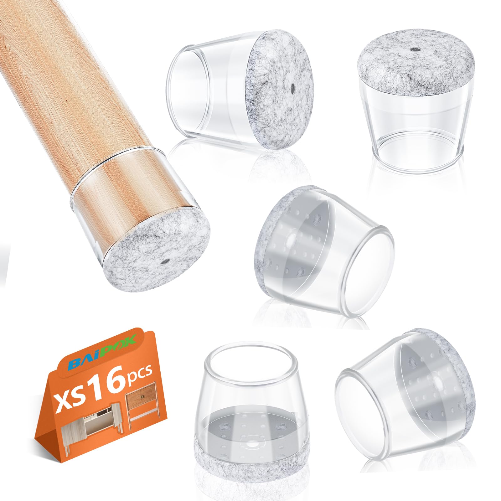Baipok A-Transparent-16P 16Pcs Chair Leg Floor Protectors, Silicone Chair Leg Cup With Wrapped Felt, Furniture Feet Protectors For Hardwood Floors